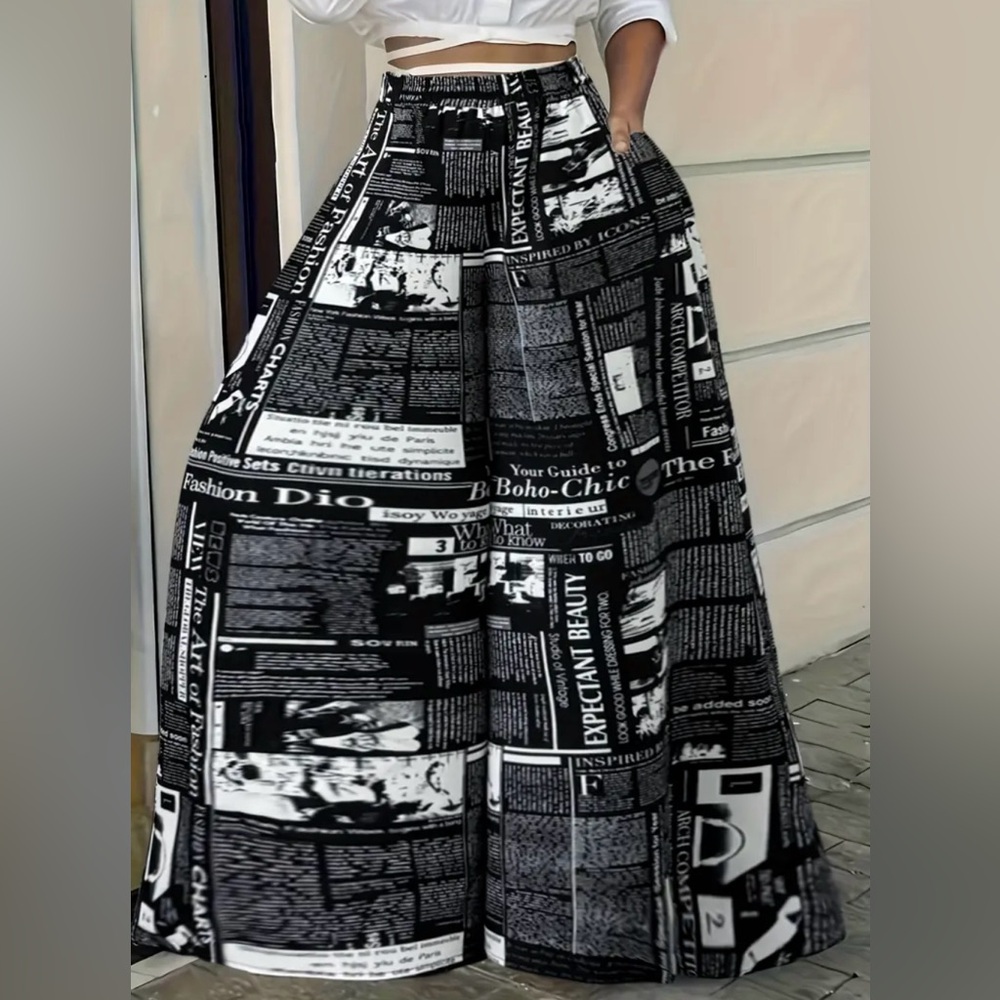 Black and White Graphic Print Wide-Leg Pants
